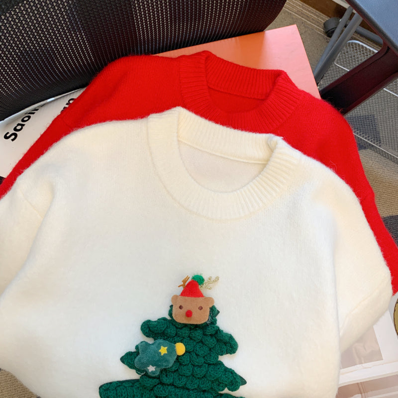 Christmas Tree Round Neck Loose Knit Sweater