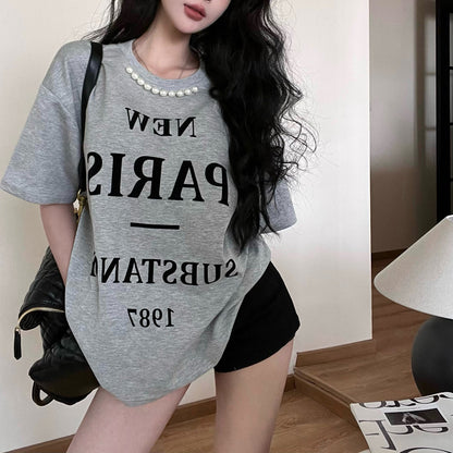 Vintage Letter Print Pearl Loose Short-Sleeved T-Shirt