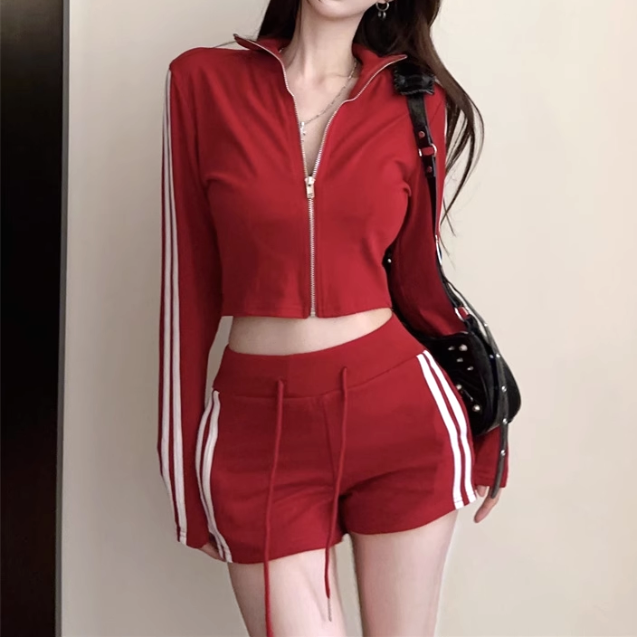 Long-Sleeve Striped Zip Top Stretch Shorts Set