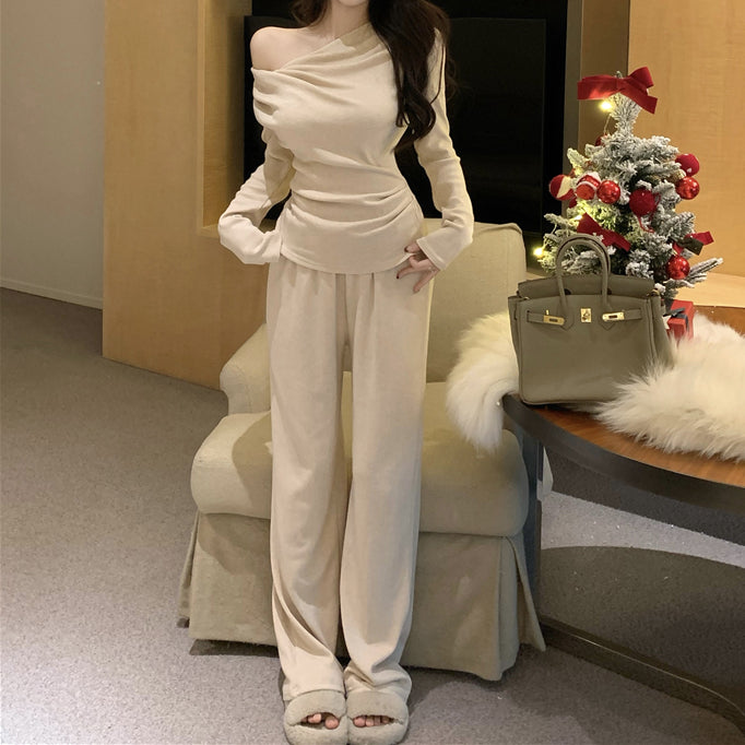 Sloping Shoulders Long-Sleeved Top Set Wide-Leg Pants