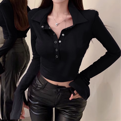 Buttoned Lapel Long Sleeve Slim Fit T-Shirt Top