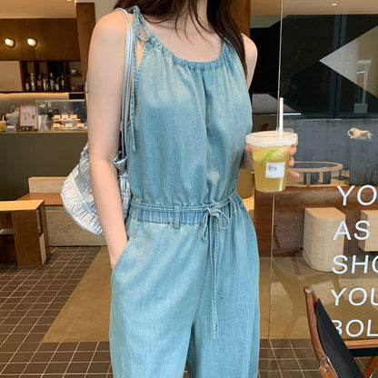 Sleeveless Elastic Waist Tie Straight Denim Jumpsuit