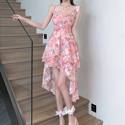 Square Neck Waist Irregular Floral Sling Dress