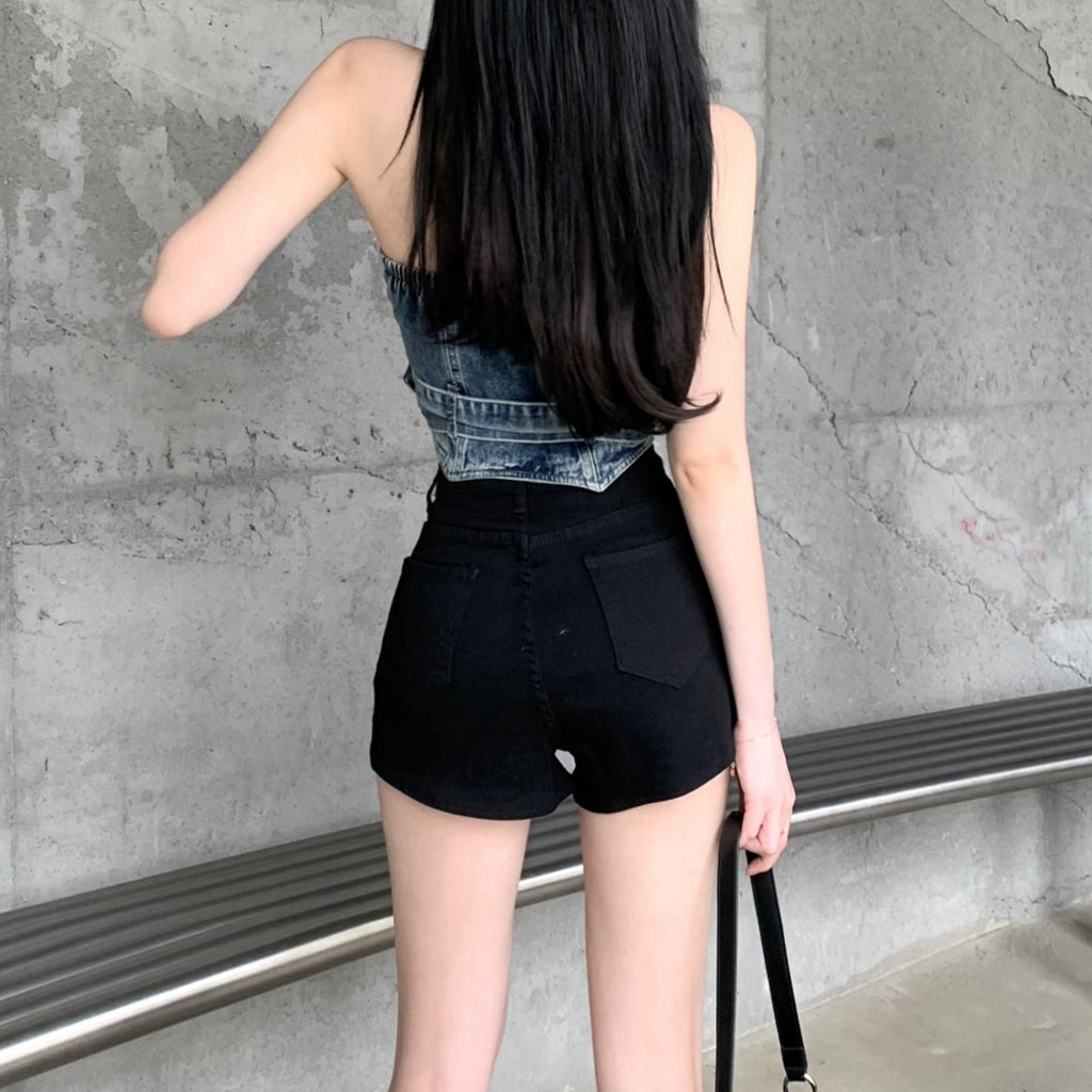 Retro Denim Tube Top Irregular High Waist Shorts