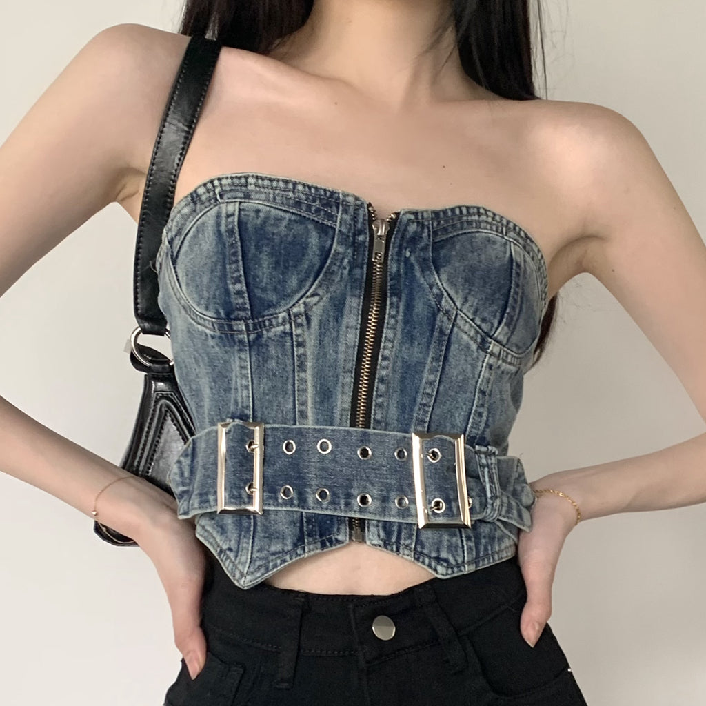 Retro Denim Tube Top Irregular High Waist Shorts