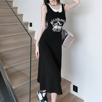 Retro Print Contrast Color Stitching Camisole Dress