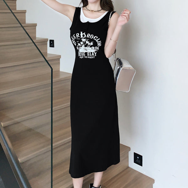 Retro Print Contrast Color Stitching Camisole Dress