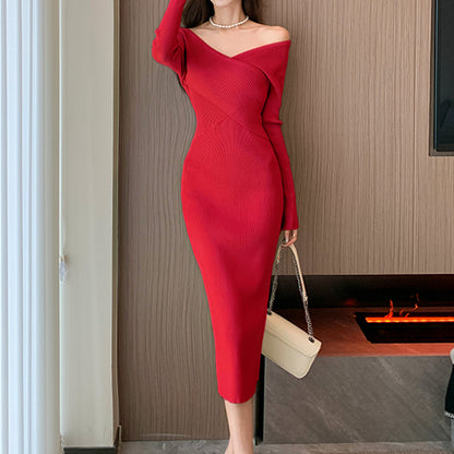 V-Neck Retro Solid Color Wrap Hip Knitted Dress