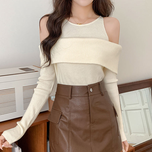 Off-Shoulder Halterneck Long-Sleeved Knitted Sweater Top