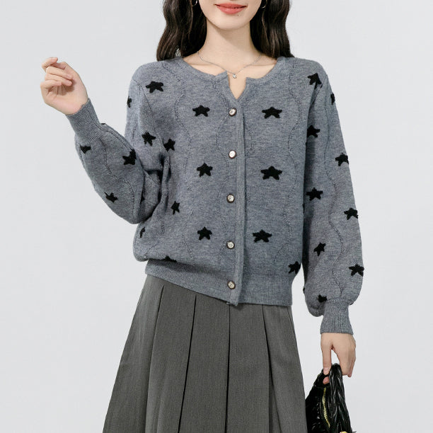 Gray Embroidered Five-Pointed Star Knitted Cardigan