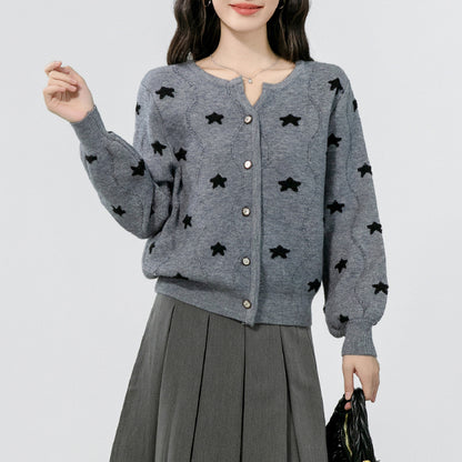 Gray Embroidered Five-Pointed Star Knitted Cardigan