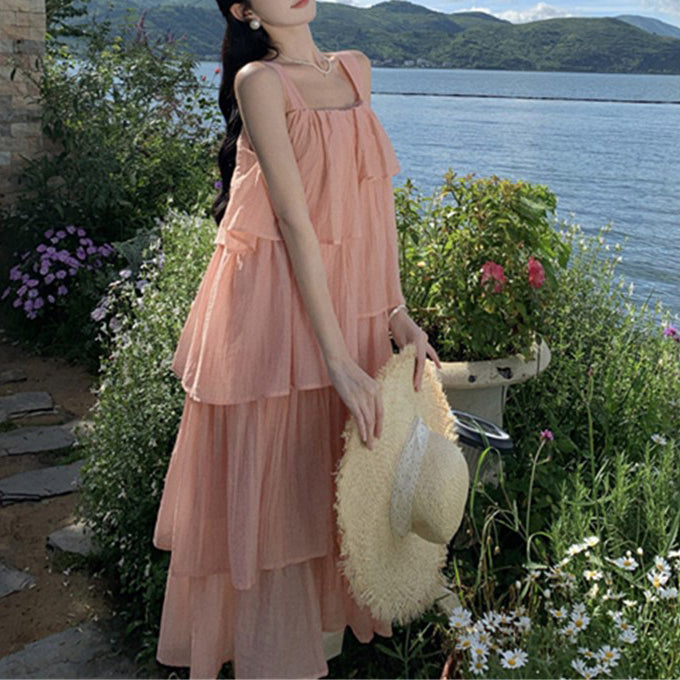 Pink Sweet Suspender Sleeveless Ruffle Cake Dress