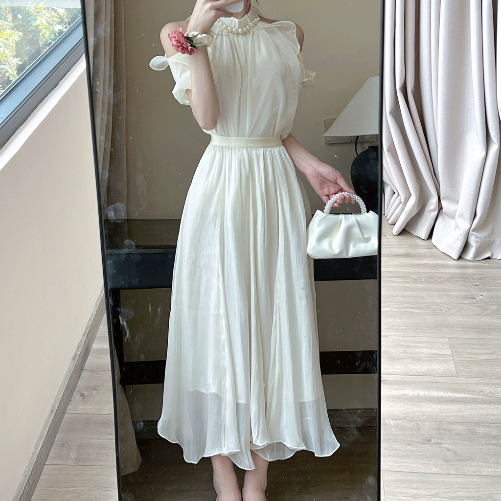 Off-Shoulder Pearl Top Chiffon High Waist Skirt Set