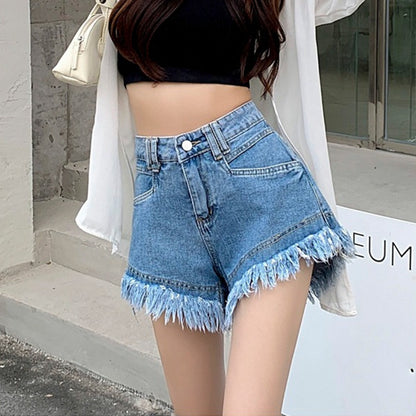 Fringed Raw Edge A-Line Denim Shorts