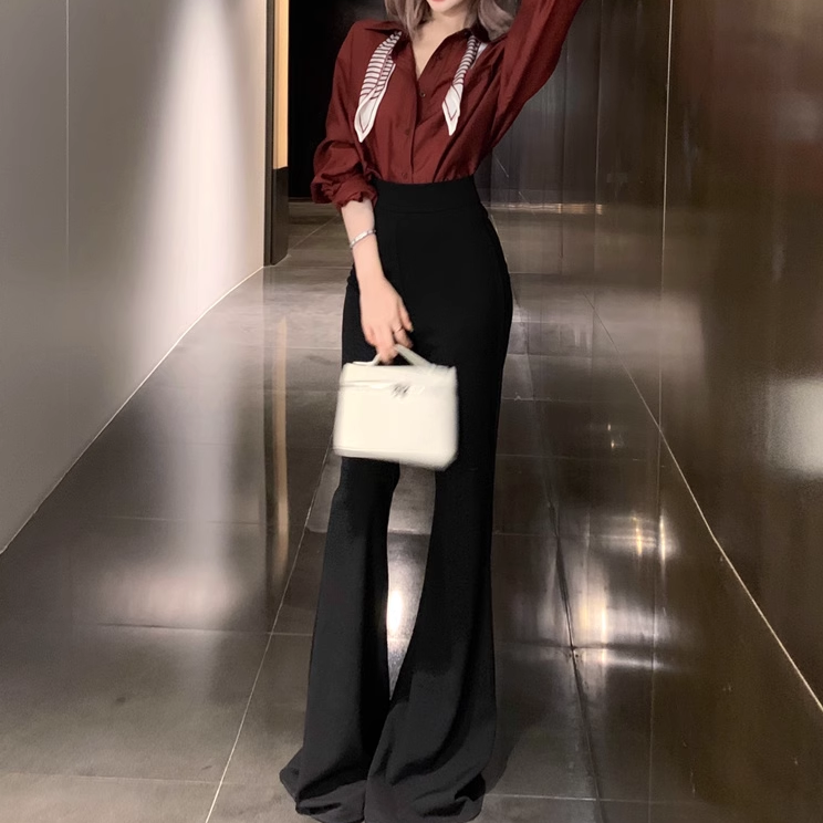 Scarf Slim Shirt High Waist Wide Leg Flared Pants Set