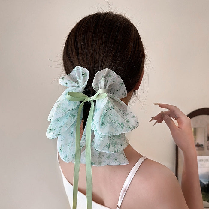 Floral Bow Ribbon Hairpin At The Back Of The Head