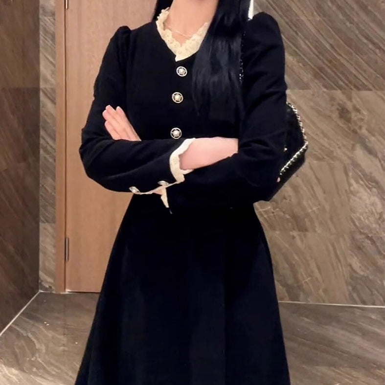 Black Inner Wear Ruffled Long-Sleeved Dress