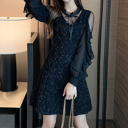 Lotus Leaf Long Sleeve Neck V Neck Dress