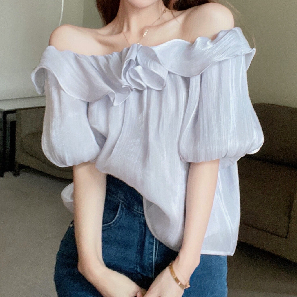 One-Line Collar Top Ruffled Off-Shoulder Chiffon Shirt