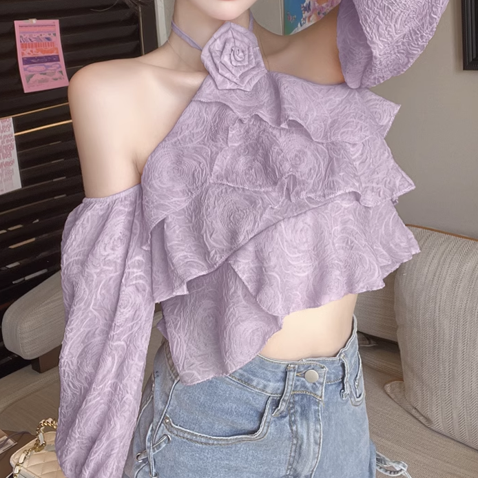 Off-The-Shoulder Floral Ruffle Halterneck Chiffon Top