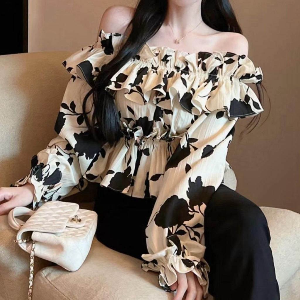 Floral Long-Sleeved Shirt Off-Shoulder Ruffled Top