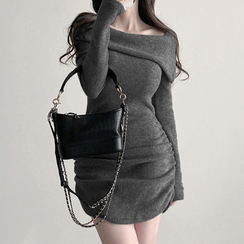 Turn Up Slant Collar Brushed Bodycon Pleated Knitted Dress