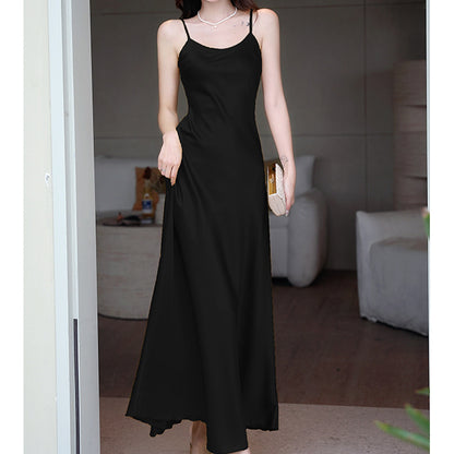 Satin High-Waist Solid Color A-Line Suspender Dress