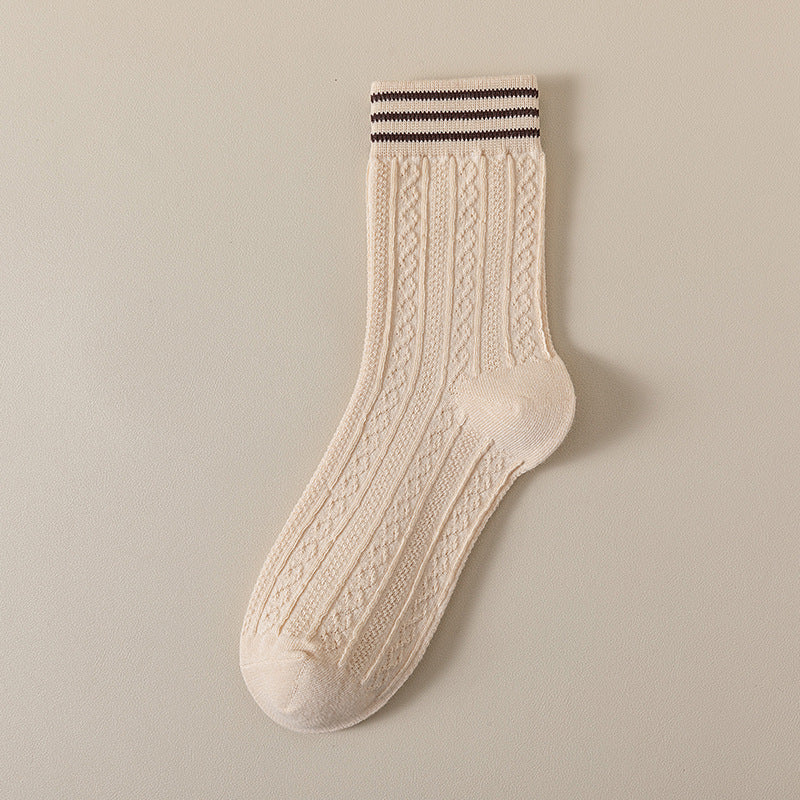 Striped Textured Mid-Calf Cotton Socks