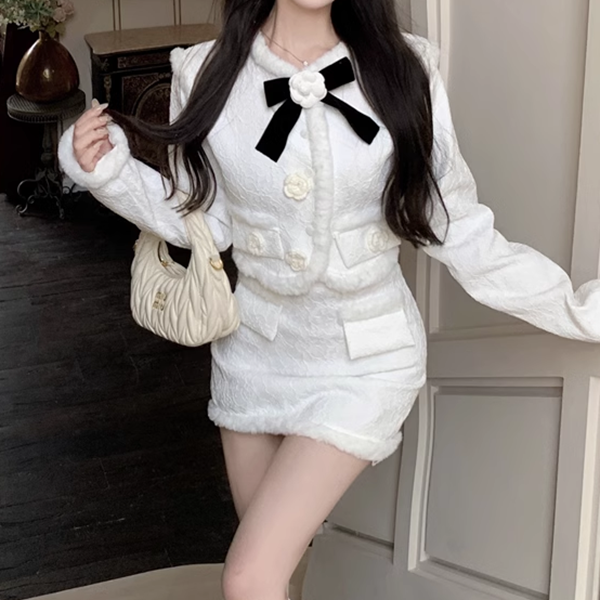 Flower Bow Plush Coat Skirt Elegant Set