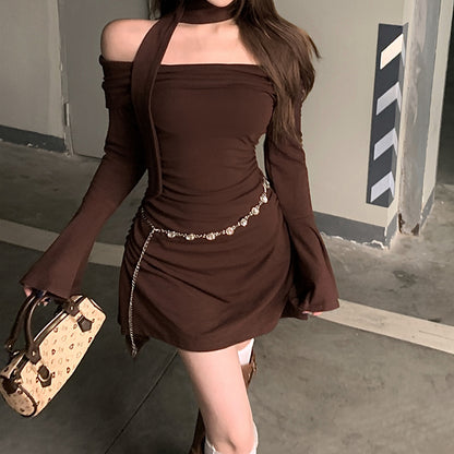 Off-Shoulder Trumpet Sleeve Solid Color Hip Dress