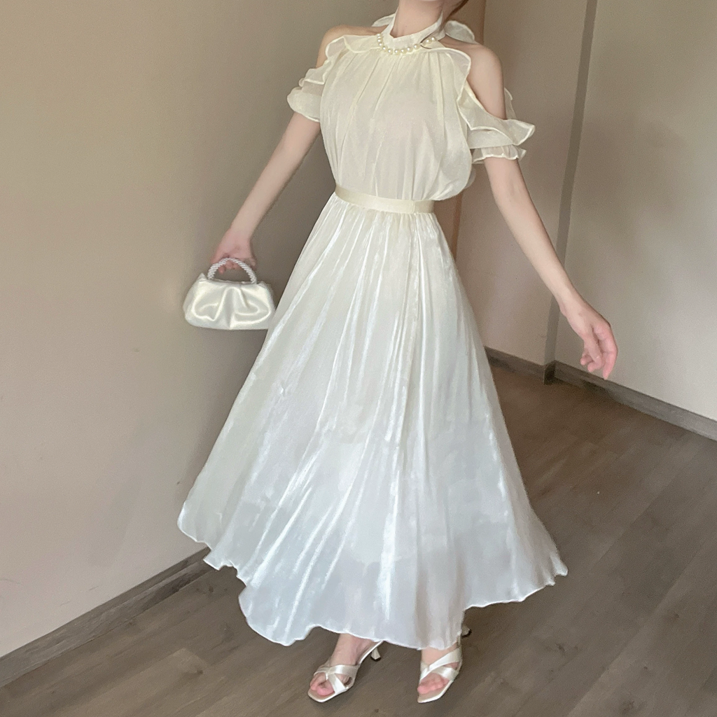 Off-Shoulder Pearl Top Chiffon High Waist Skirt Set