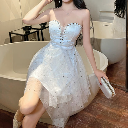 Mesh Diamond-Embellished Tube Top Puffy Dress