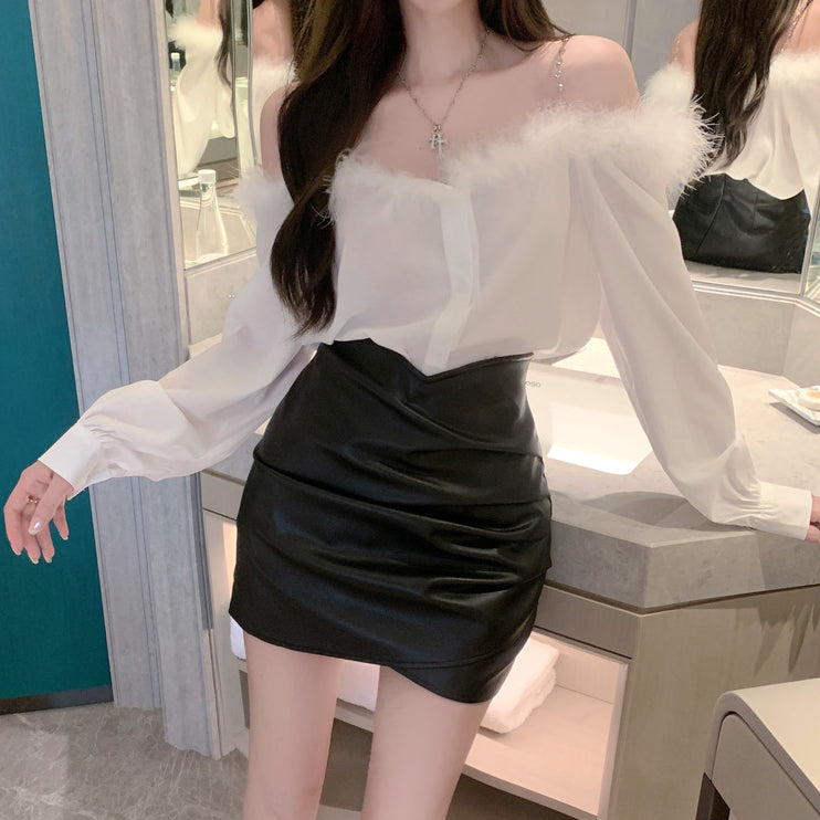 Raw Edge Long-Sleeved Shirt Leather Skirt Set