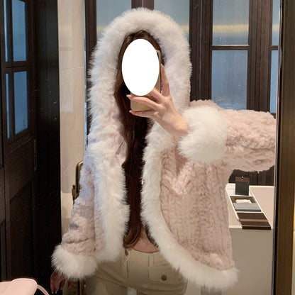 Contrast Color Stitching Long-Sleeved Top Hooded Fur Coat