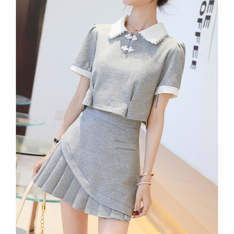 Back Bow Doll Collar Top Pleated Skirt Set