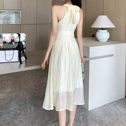 Sleeveless High Waist Halter Neck Lace Ribbon Dress