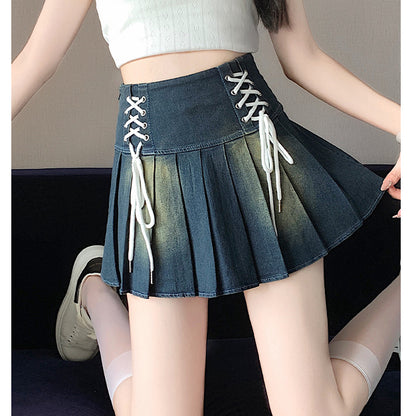 Tie High Waist Pleated A-Line Denim Skirt