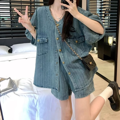 Loose V-Neck Denim Top Wide-Leg Shorts Set