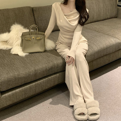 Sloping Shoulders Long-Sleeved Top Set Wide-Leg Pants