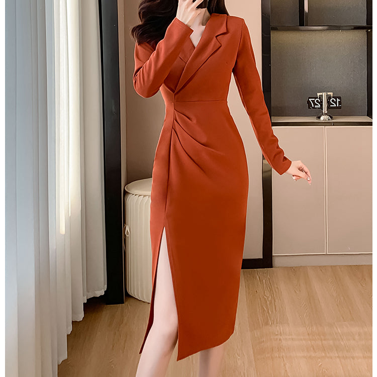 Suit Collar Waist Slit Pleated Long Dress