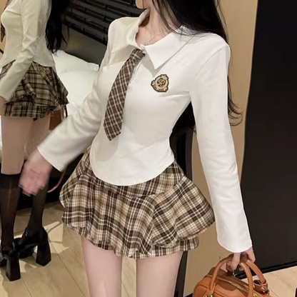 Slim Long-Sleeved T-Shirt Tie Plaid Skirt Set