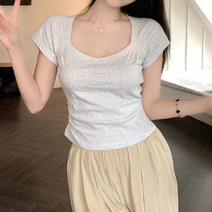 Irregular Square Neck Solid Color Slim T-Shirt