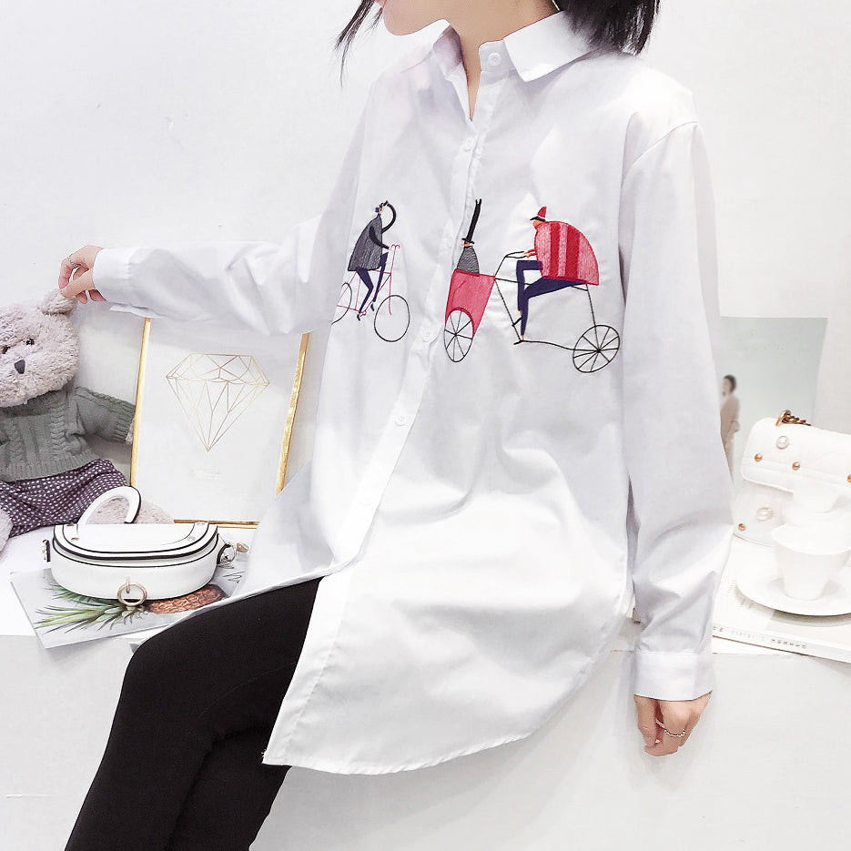 Embroidery Pattern Loose Casual White Shirt Top