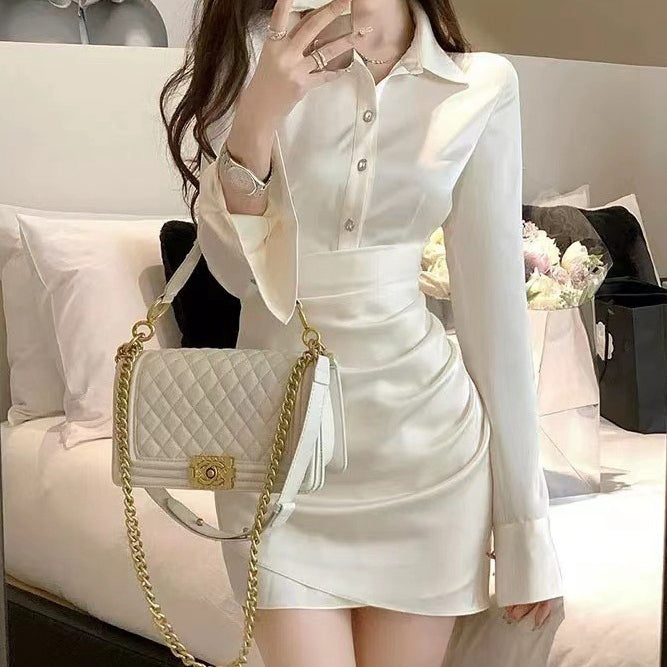 Satin Shirt Bodycon Hip-Hugging Polo Collar Dress