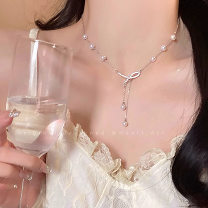 Pearl Tassel Bow Necklace Clavicle Fashionable Sweater Chain