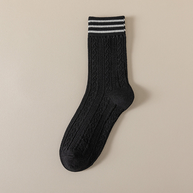 Striped Textured Mid-Calf Cotton Socks