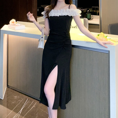 Off-Shoulder Fungus Collar Slit Long Dress