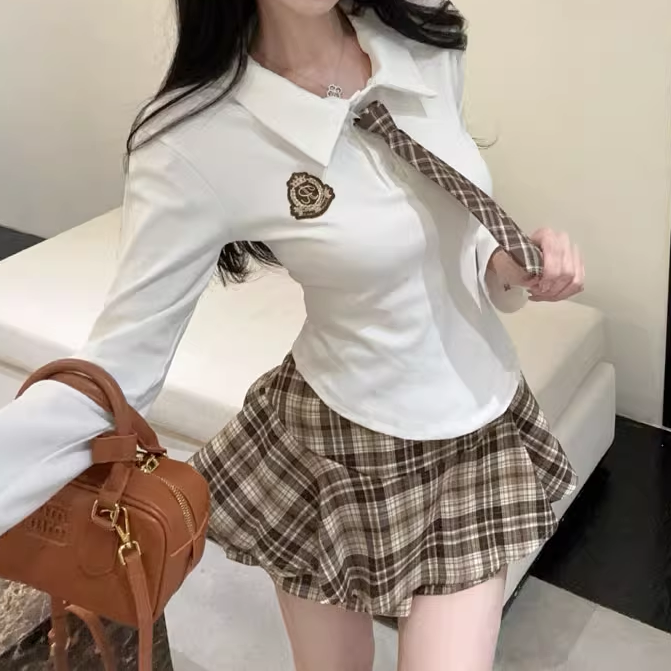 Slim Long-Sleeved T-Shirt Tie Plaid Skirt Set