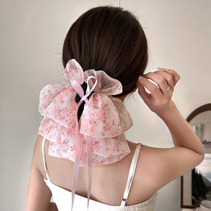 Floral Bow Ribbon Hairpin At The Back Of The Head