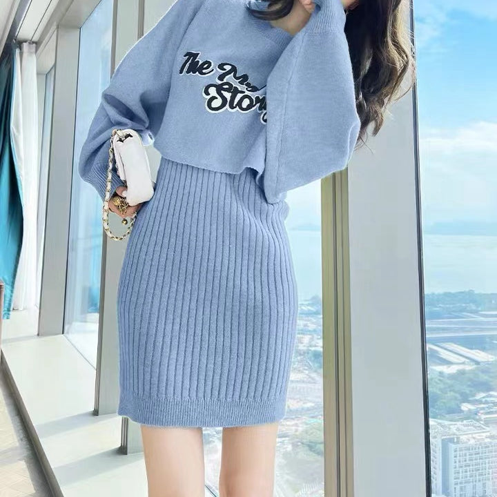 Loose Lettered Sweater Knitted Dress Set